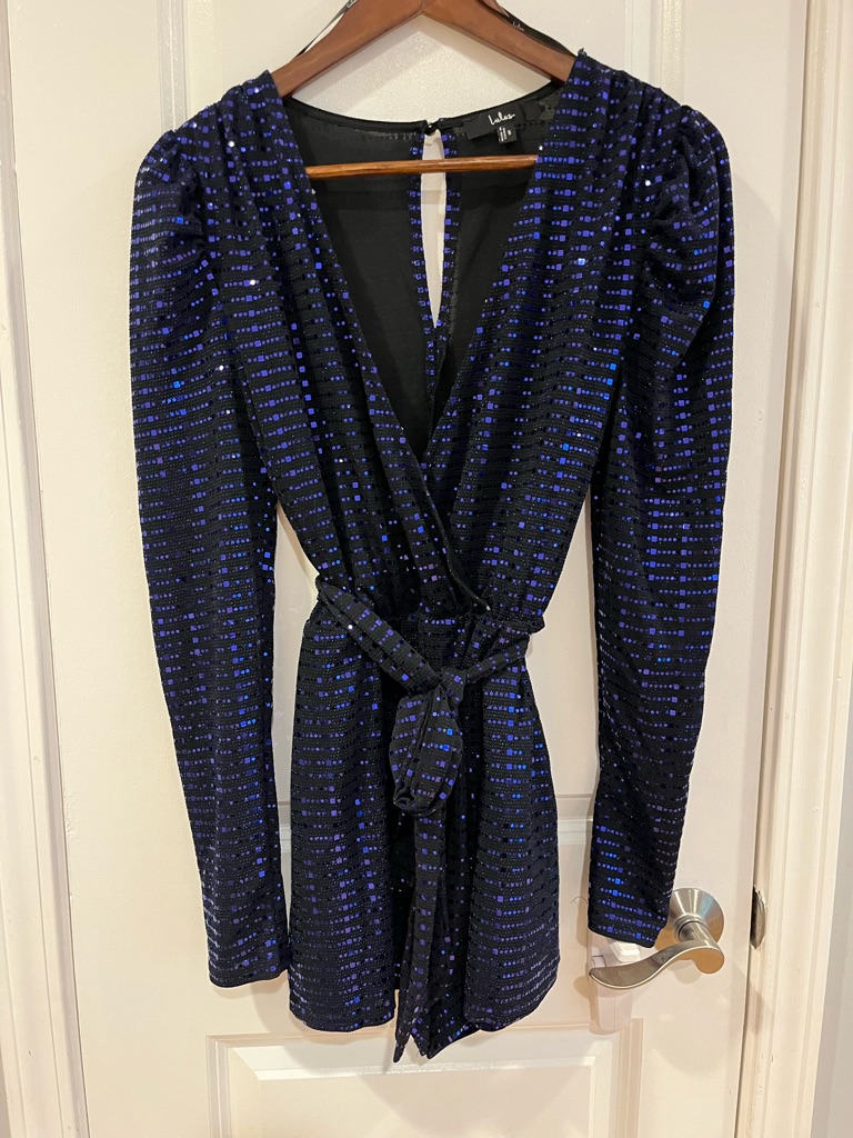 Lulu's Black And Blue Long Sleeve Wrap Romper With Tie Waist